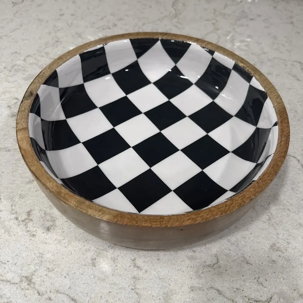 Black White Checker Enamel on Wood 10” Serving Tray / Bowl Enameled Checkerboard